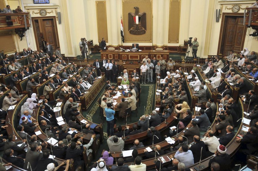 Egyptian Parliament Speaker Saad el-Katani presides over a brief session of parliament, the first since the country's high court ruled the chamber unconstitutional, in Cairo on Tuesday, July 10, 2012. (AP Photo)