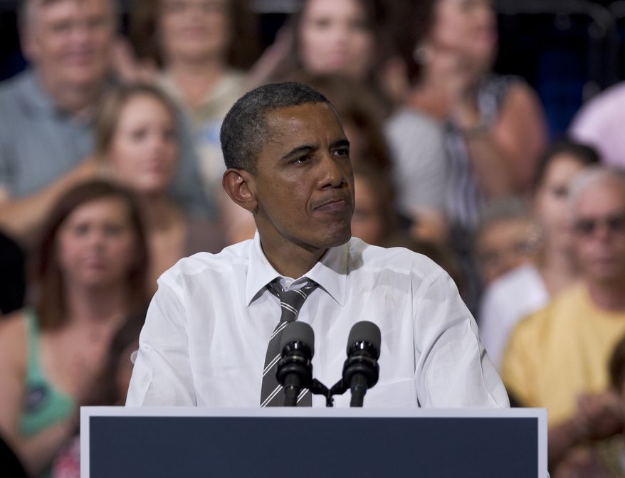 **FILE** President Obama speaks July 10, 2012, during a campaign event at Kirkwood Community College in Cedar Rapids, Iowa. (Associated Press)
