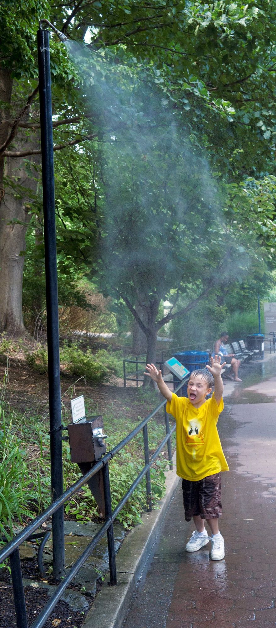 Michael Sweeney, 6, of Gulfport, Fla., cools off at the National Zoo on a day when local temperatures reached the triple digits. The push-button misters help the zoo save water. (Barbara L. Salisbury/The Washington Times)