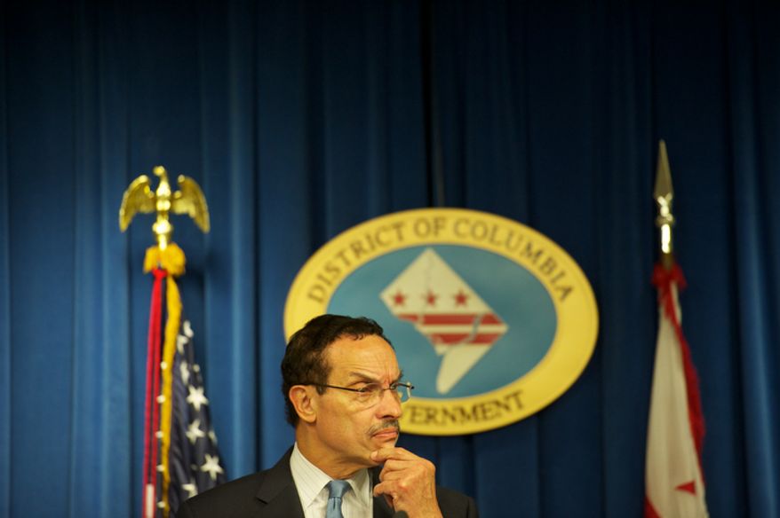 Washington D.C. Mayor Vincent C. Gray fields questions as he holds a press conference to announce the first set of grades for Grade.DC.gov at the John A. Wilson Building in Washington, D.C., Tuesday, July 24, 2012. The Grade.DC.gov platform is being piloted first with five District government agencies whose employees and online presences interact with large segments of the District's residents and businesses on a daily basis. The online feedback system is designed to analyze and improve customer service. (Rod Lamkey Jr./The Washington Times)