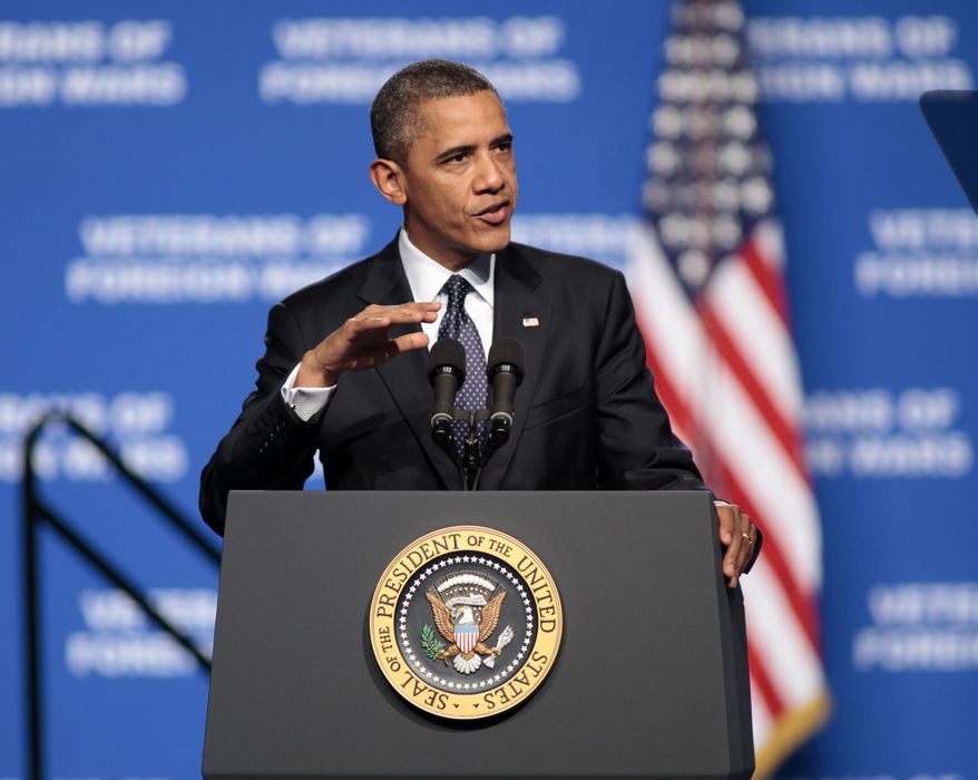 President Obama addresses the 113th National Convention of the Veterans of Foreign Wars in Reno, Nev., on July 23, 2012. (Associated Press)
