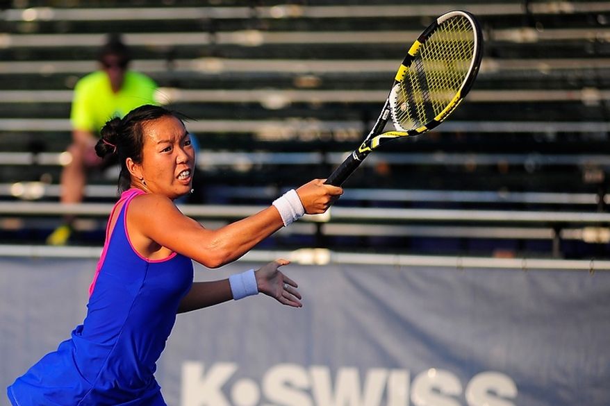 Vania King plays in her match against Coco Vandeweghe at the Citi Open tennis tournament at the William H.G. FitzGerald Tennis Center, Washington D.C., Thursday, August 2, 2012. (Ryan M.L. Young/The Washington Times)