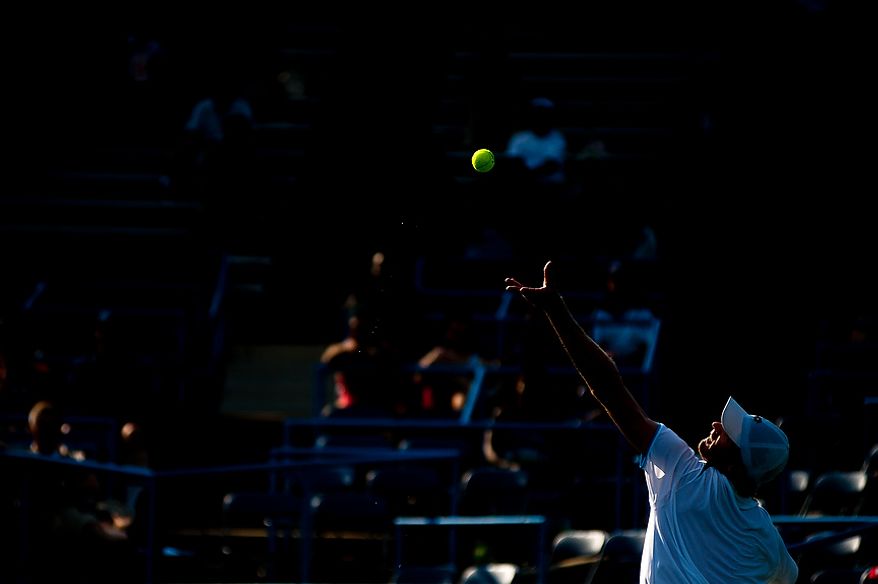 Kevin Anderson plays in his match against Florent Serra at the Citi Open tennis tournament at the William H.G. FitzGerald Tennis Center, Washington D.C., Thursday, August 2, 2012. (Ryan M.L. Young/The Washington Times)