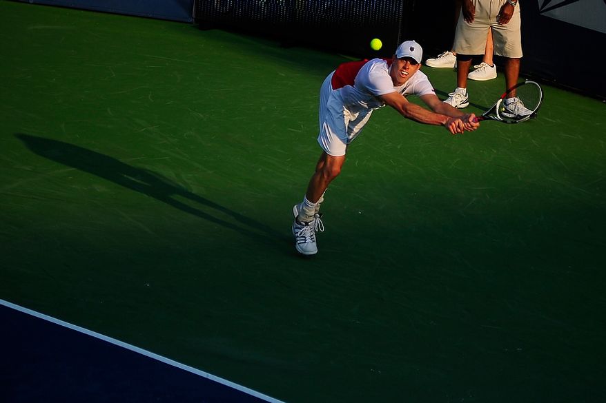 Sam Querrey plays in his match against Benjamin Becker at the Citi Open tennis tournament at the William H.G. FitzGerald Tennis Center, Washington D.C., Thursday, August 2, 2012. (Ryan M.L. Young/The Washington Times)