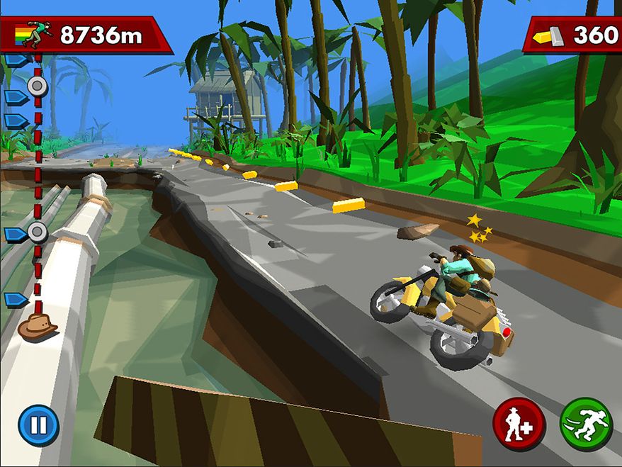 Harry occasionally uses a motorcycle in the iPad game Pitfall.