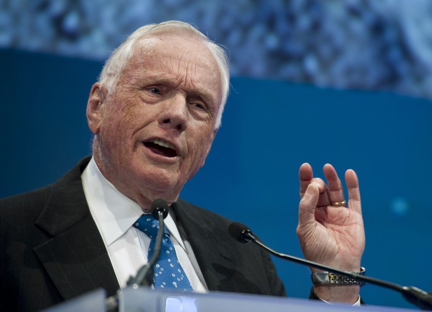 Former astronaut Neil Armstrong speaks at a celebration dinner honoring former Sen. John Glenn, a fellow former astronaut, in Columbus, Ohio, on Monday, Feb. 20, 2012. (AP Photo/NASA, Bill Ingalls)