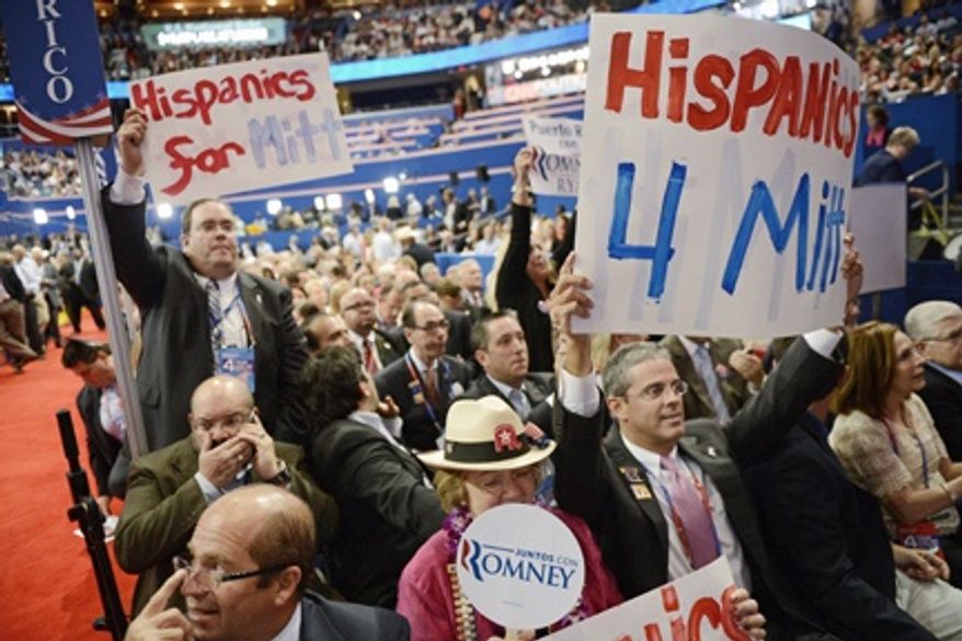 Puerto Rico delegates cheer for former Florida Gov. Jeb Bush at the Republican National Convention at the Tampa Bay Times Forum in Tampa, Fla., on Thursday, Aug. 30, 2012. (Andrew Harnik/The Washington Times)