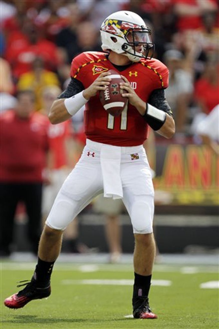 Maryland quarterback Perry Hills drops back for a pass during the first quarter of a college football game against William & Mary, Saturday, Sept. 1, 2012, in College Park, Md. Maryland won 7-6. (AP Photo/Luis M. Alvarez)