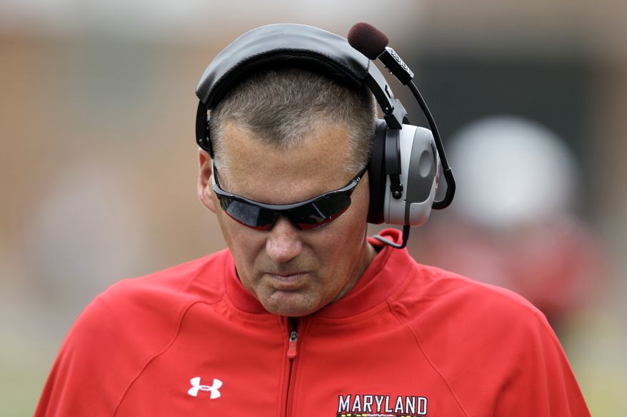 Maryland head coach Randy Edsall is seen on the sideline during the third quarter of a NCAA college football game agianst William & Mary, Saturday, Sept. 1, 2012, in College Park, Md. Maryland won 7-6. (AP Photo/Luis M. Alvarez)