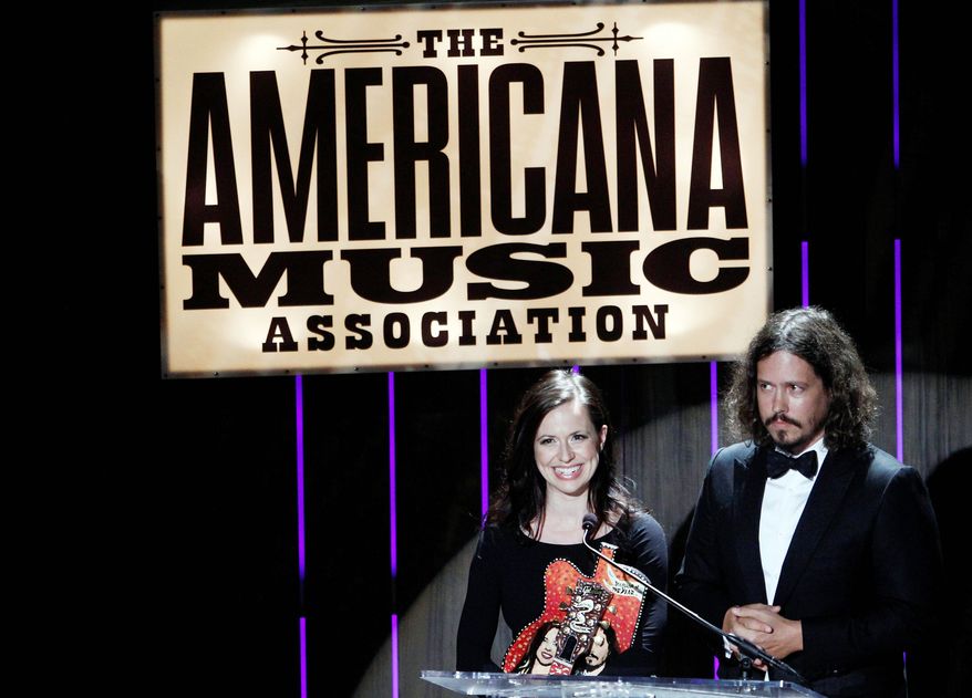 Entertainers Joy Williams and John Paul White of The Civil Wars speak Wednesday after receiving the Duo/Group of the Year award at the 11th annual Americana Honors & Awards in Nashville, Tenn. (Associated Press)