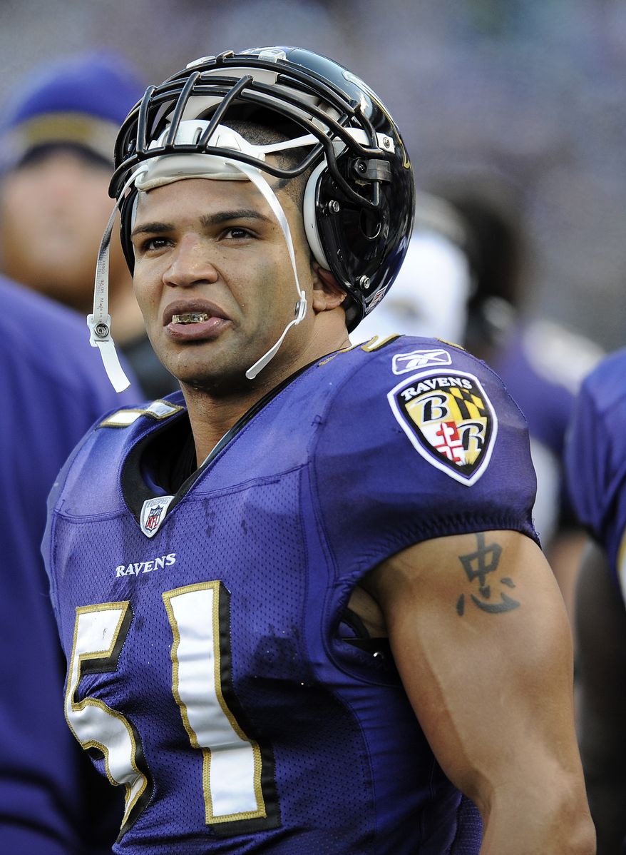 In this Dec. 24, 2011 photo, Baltimore Ravens linebacker Brendon Ayanbadejo looks on from the sideline in the second half of an NFL football game against the Cleveland Browns in Baltimore. Minnesota Vikings punter Chris Kluwe has argued against a constitutional amendment to ban gay marriage in Minnesota. Kluwe also defended Baltimore linebacker Brendon Ayanbadejo after he was criticized by a Maryland politician for publicly supporting gay marriage. (AP Photo/Nick Wass)
