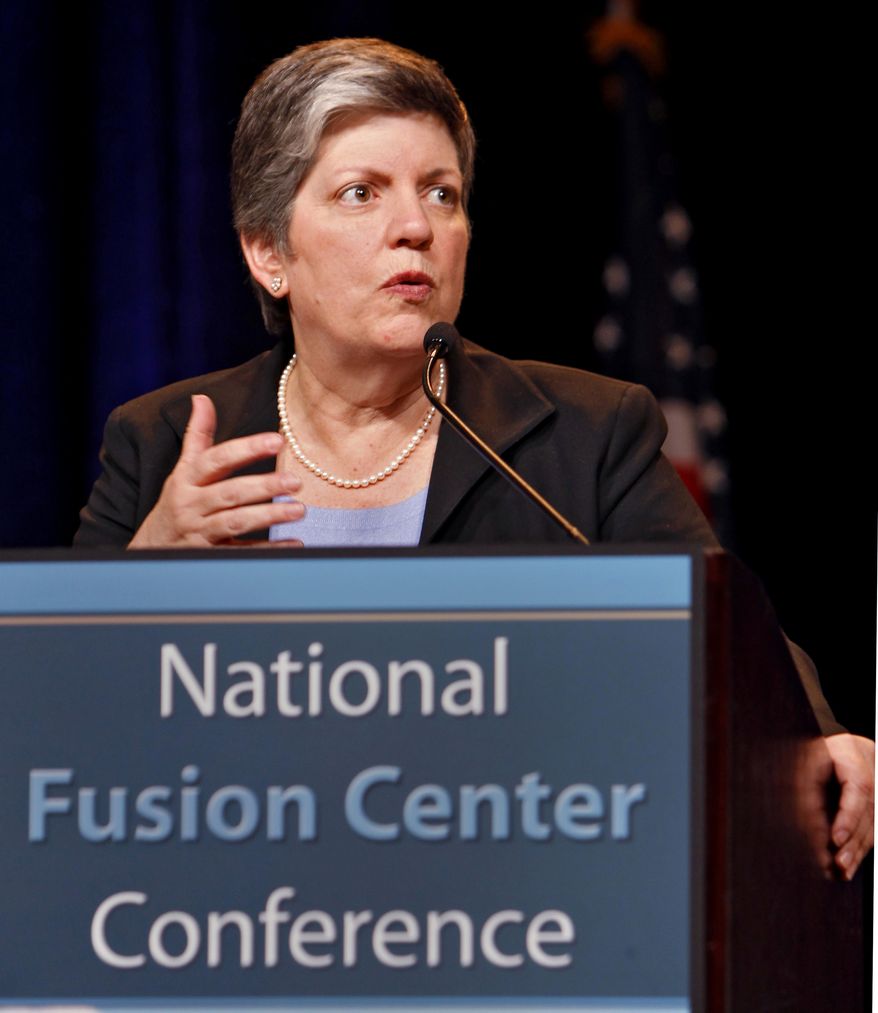 **FILE** Homeland Security Secretary Janet Napolitano speaks March 15, 2011, at the National Fusion Center Conference in Denver. (Associated Press)