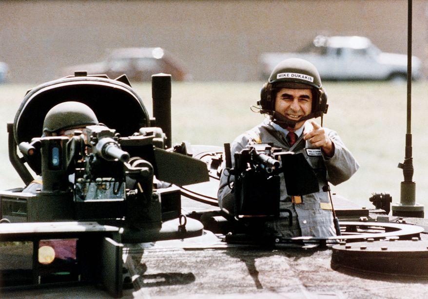 In September 1988, less than two months before Election Day, Democratic presidential candidate Michael Dukakis took a memorable ride in a new M1-A-1 battle tank. (Associated Press)