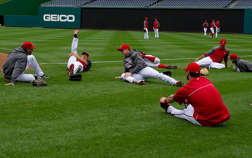 The Washington Nationals work out at Nationals Park on Tuesday, Oct. 9, 2012. On Wednesday, they play the St. Louis Cardinals at home. (Barbara L. Salisbury/The Washington Times)