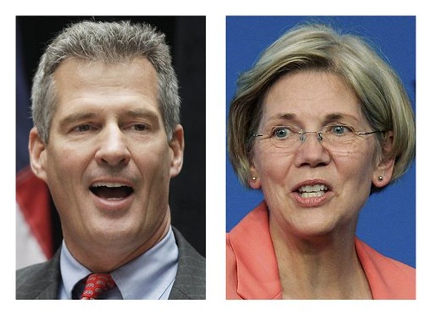 ** FILE ** These 2012 file photos show incumbent Sen. Scott Brown, R-Mass., left, and Democratic challenger Elizabeth Warren, in Boston. (AP File Photos)