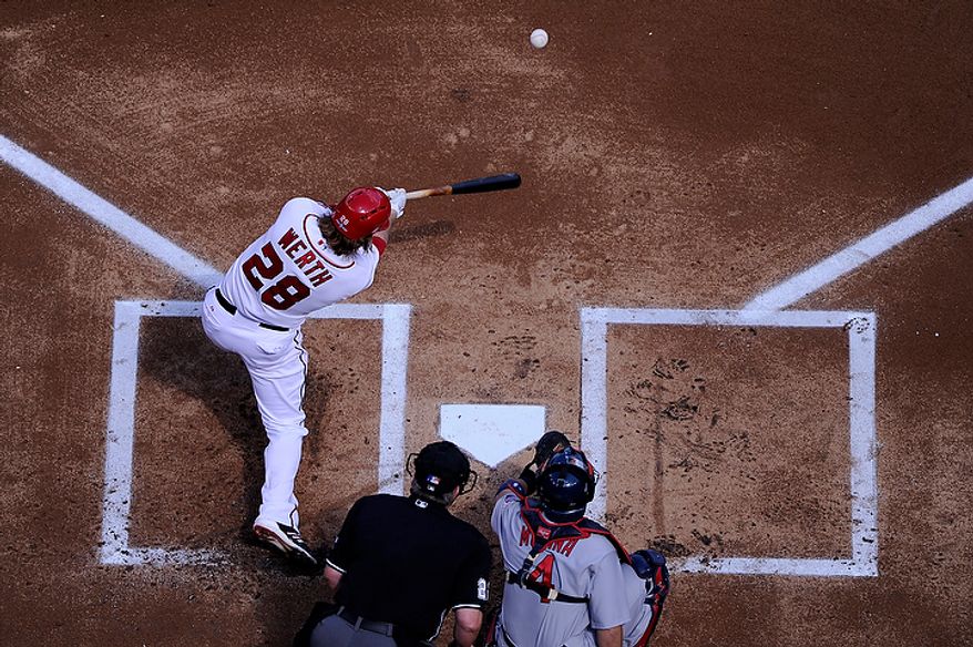 Washington Nationals Jayson Werth singles on a line drive to center field for his team's first hit in Game 3 of the National League Division Series at Nationals Park, Washington, D.C., Oct. 10, 2012. (Preston Keres/Special to The Washington Times)