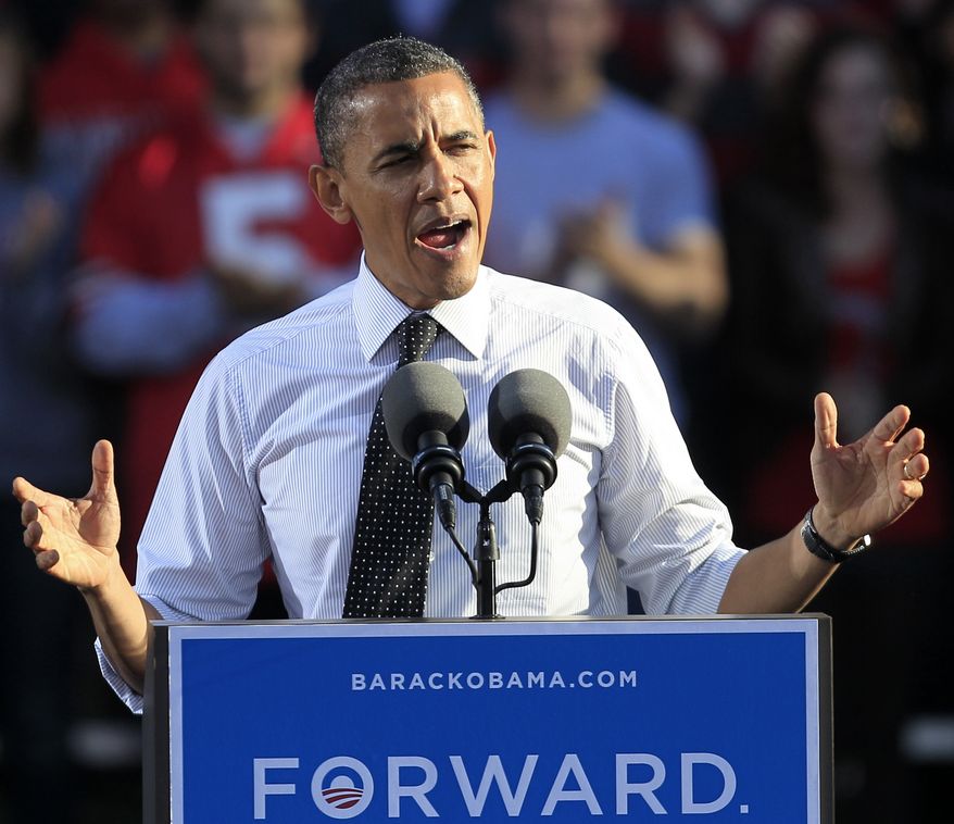 **FILE** President Obama speaks Oct. 9, 2012, at a campaign event in Columbus, Ohio. (Associated Press)