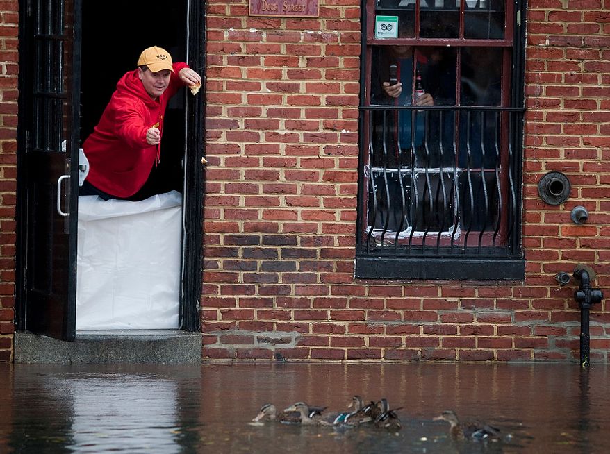 John O'Leary, 41, from Annapolis, Md., feeds the ducks from Armadillos restaurant front door at Dock St. which had nearly a foot and half of water, Annapolis, Md., Tuesday, Oct. 30, 2012. The storm left early a foot and half of water along Dock St. but the stores are more worried about the tide which rises at 5:45pm and could bring another two feet of water. (Craig Bisacre/The Washington Times)