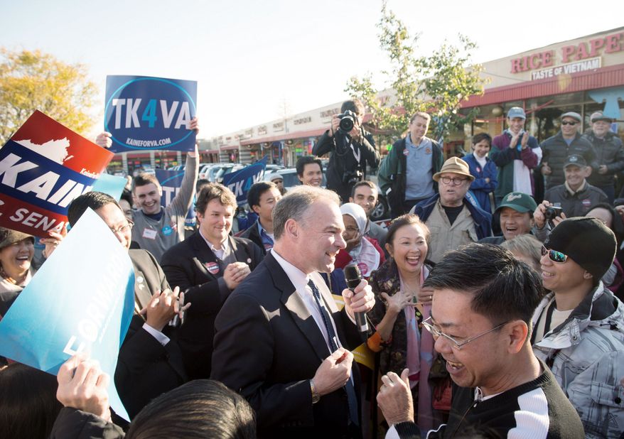 Two days before Election Day, Democratic U.S. Senate candidate Tim Kaine was in Falls Church for a Sunday rally. Republican George Allen was in Newport News with Mitt Romney. (Rod Lamkey Jr./The Washington Times)