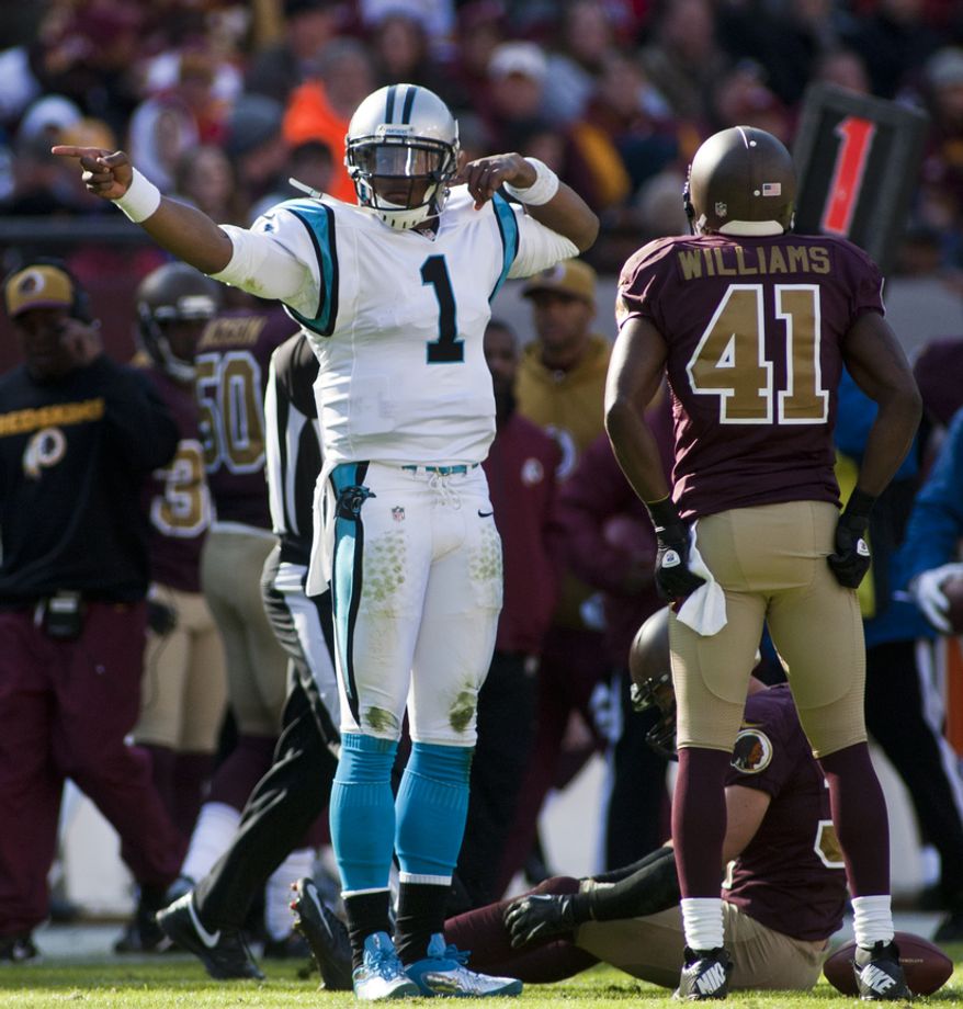 Carolina Panthers quarterback Cam Newton (1) celebrates a first down in the first quarter against the Washington Redskins, Landover, Md., Sunday, November 4, 2012. (Craig Bisacre/The Washington Times)