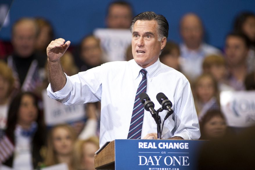 Republican presidential candidate, former Massachusetts Gov. Mitt Romney speaks at a Virginia campaign rally at The Patriot Center, George Mason University, in Fairfax, Va., Monday, Nov. 5, 2012. (Craig Bisacre/The Washington Times)