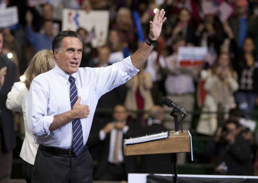 Republican presidential candidate, former Massachusetts Gov. Mitt Romney speaks at a Virginia campaign rally at The Patriot Center, George Mason University, in Fairfax, Va., Monday, Nov. 5, 2012. (Craig Bisacre/The Washington Times)