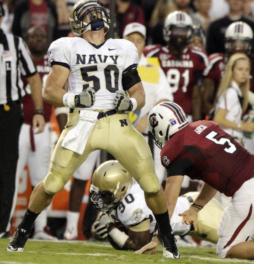 Navy linebacker Brye French has 56 tackles and three interceptions this season. (AP Photo/Brett Flashnick)