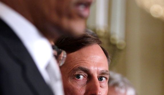 **FILE** CIA Director-nominee Gen. David Petraeus (second from left) looks on as President Obama speaks on April 27, 2011, during a news conference in the East Room of the White House in Washington. Far right is U.S. Ambassador to Afghanistan-designate Ray Crocker. (Associated Press)