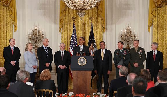 President Obama, accompanied by his national security team, speaks in the East Room of the White House in Washington on April 28, 2011. From left are, National Security Adviser Tom Donilon, Secretary of State Hillary Rodham Clinton; Vice President Joe Biden; outgoing Defense Secretary Robert Gates; the president, Defense Secretary-nominee Leon Panetta; CIA Director-nominee Gen. David Petraeus; and top commander-designate for U.S. forces in Afghanistan, Marine Corps Lt. Gen. John Allen, and U.S. Ambassador to Afghanistan-designate Ryan Crocker. (Associated Press)