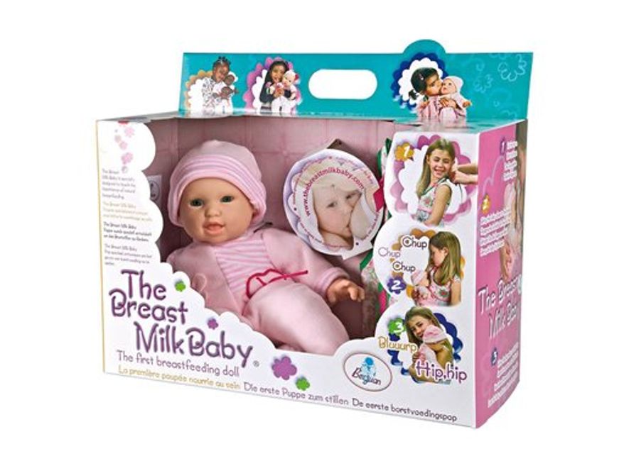 This product image released by Berjuan Toys shows The Breast Milk Baby doll. The breastfeeding doll, whose suckling sounds are prompted by sensors sewn into a halter top, has caught some flak after hitting the U.S. market. (AP Photo/Berjuan Toys)