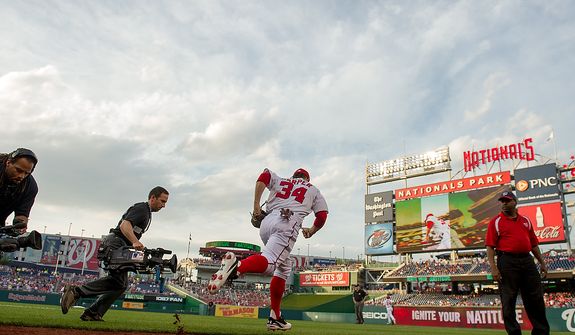Bryce Harper takes the field as the Washington Nationals take on the Arizona Diamondbacks in Major League Baseball at Nations Ballpark, Washington, D.C., Tuesday, May 1, 2012. (Andrew Harnik/The Washington Times)