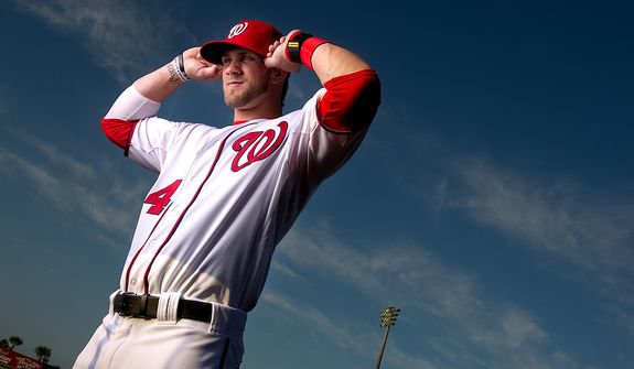 Washington Nationals right fielder Bryce Harper (34) poses for a portrait during photo day at spring training, Viera, Fla., Tuesday, February 28, 2012. (Andrew Harnik/The Washington Times)