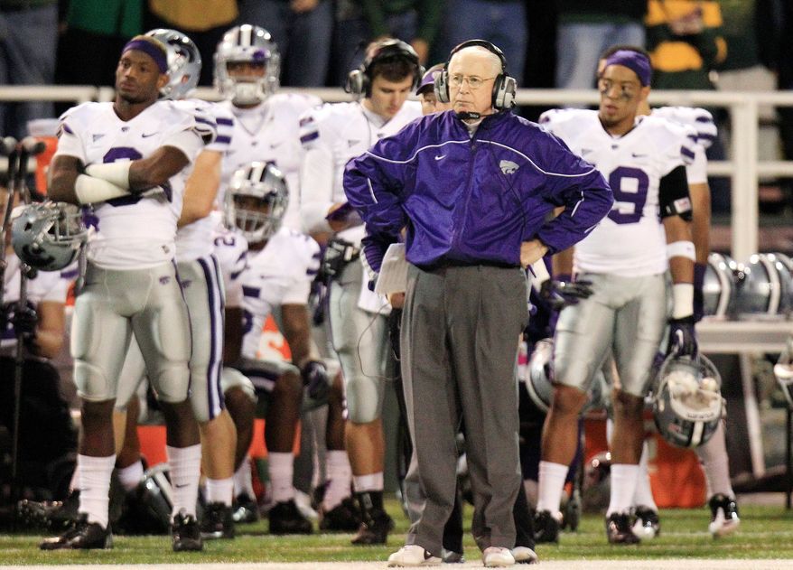 Kansas State coach Bill Snyder watched as his Wildcats absorbed a 52-24 pounding from Baylor on Saturday night. (Associated Press)