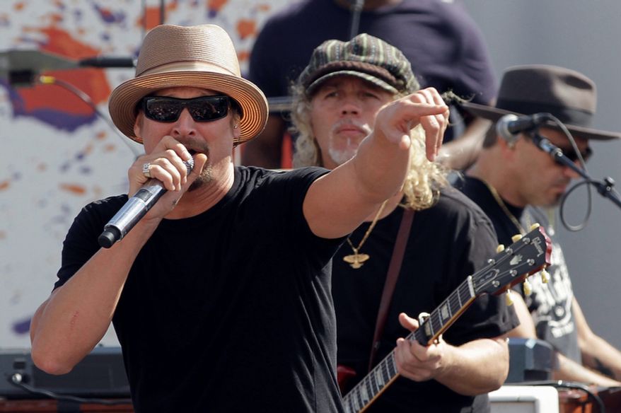 **FILE** Kid Rock performs during a concert before the NASCAR Sprint Cup Series championship race at Homestead-Miami Speedway in Homestead, Fla., on Nov. 18, 2012. (Associated Press)