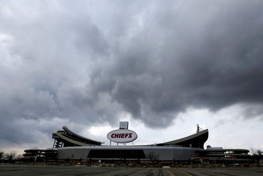 Clouds pass above Arrowhead Stadium, home to the Kansas City Chiefs, on Dec. 3, 2012, in Kansas City, Mo. The team is still recovering from a murder-suicide committed by linebacker Jovan Belcher two days earlier. (Associated Press)