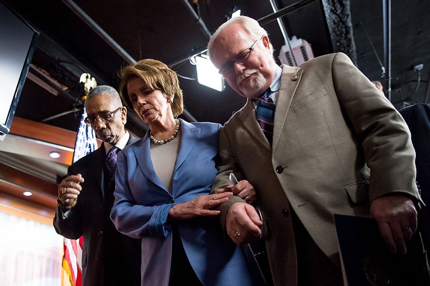 Left to right: Reps. Bobby L. Rush (D-Ill.), House Minority Leader Nancy Pelosi (D-Calif.), and Ron Barber (D-Ariz.), who was wounded in the same shooting as his former boss, Gabrielle Giffords, leave together after holding a news conference about banning high capacity ammunition clips with other House Democrats in the House Visitors Center on Capitol Hill, Washington, D.C., Wednesday, December 19, 2012. (Andrew Harnik/The Washington Times)