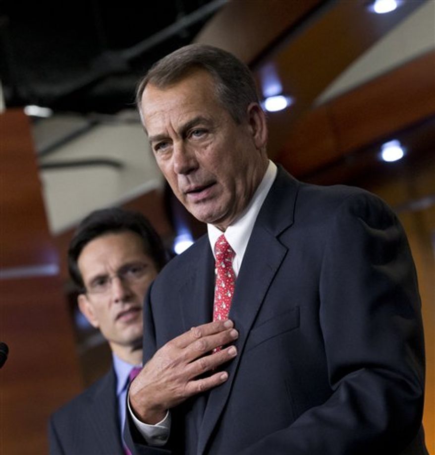Speaker of the House John Boehner, Ohio Republican, joined by House Majority Leader Eric Cantor, Virginia Republican, speaks to reporters about the fiscal cliff negotiations at the Capitol, Friday, Dec. 21, 2012. Hopes for avoiding the "fiscal cliff" that threatens the U.S. economy fell Friday after fighting among congressional Republicans cast doubt on whether any deal reached with President Obama could win approval ahead of automatic tax increases and deep spending cuts kick in Jan. 1. (AP Photo/J. Scott Applewhite)
