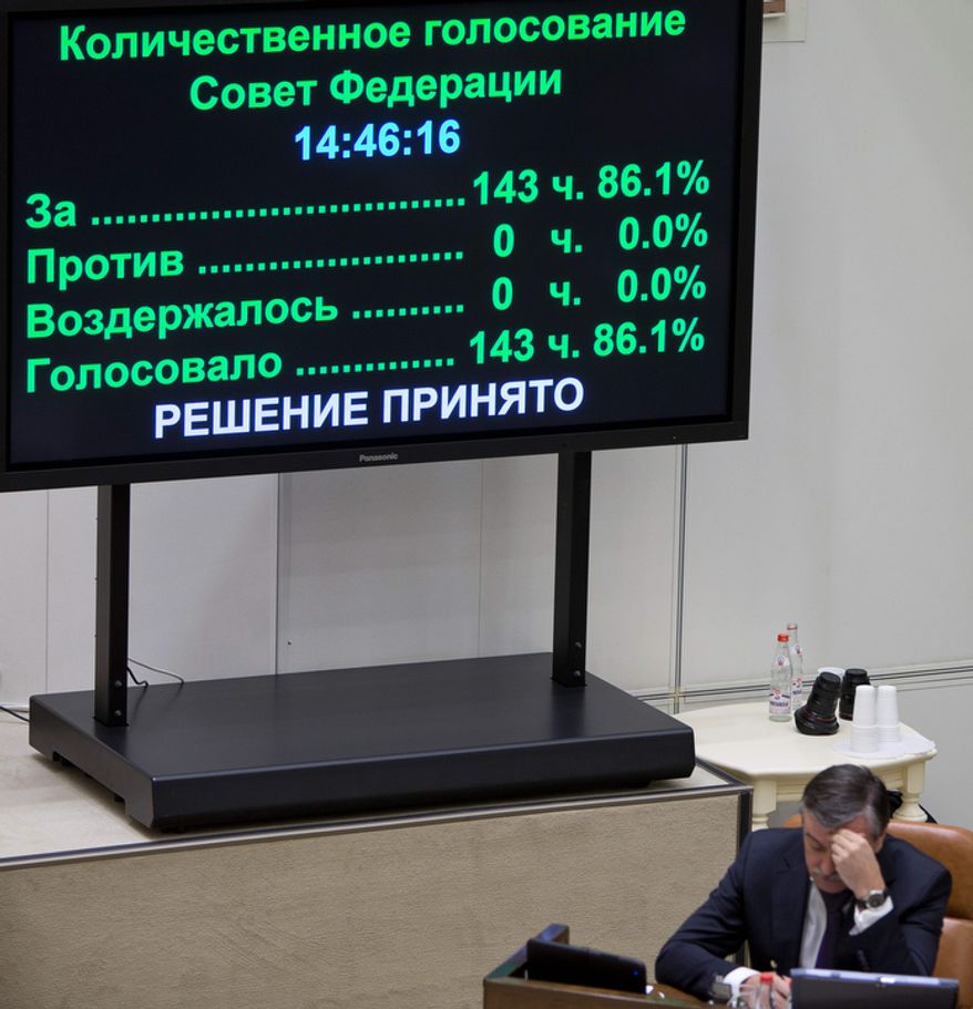 Results of the vote for a bill banning U.S. adoptions of Russian children are displayed on a screen in the Russian parliament's upper chamber in Moscow on Dec. 26, 2012. (Associated Press)