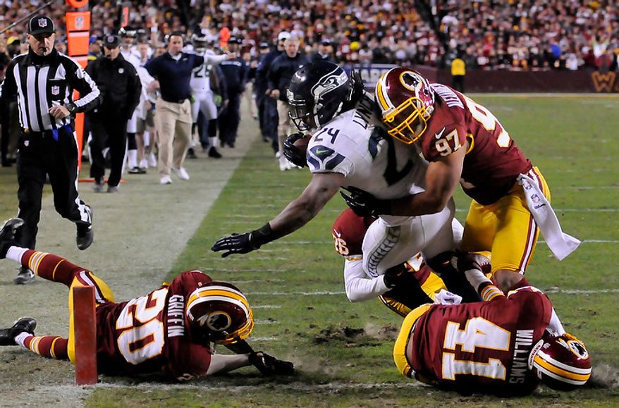Seattle Seahawks running back Marshawn Lynch (24) scores the go-ahead touchdown on a 27-yard run in the fourth quarter of the NFC wild card game at FedEx Field, Landover, Md., Jan. 6, 2013. (Preston Keres/Special to The Washington Times)
