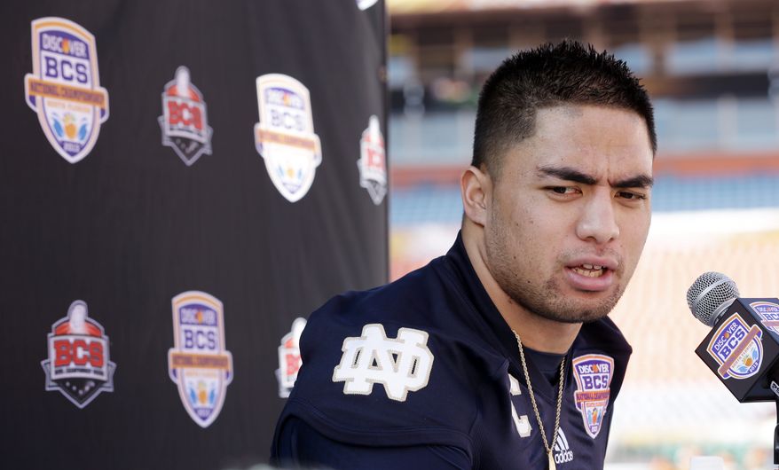 ** FILE ** Notre Dame linebacker Manti Te'o answers a question during Media Day for the BCS National Championship college football game on Saturday, Jan. 5, 2013, in Miami. (AP Photo/David J. Phillip)