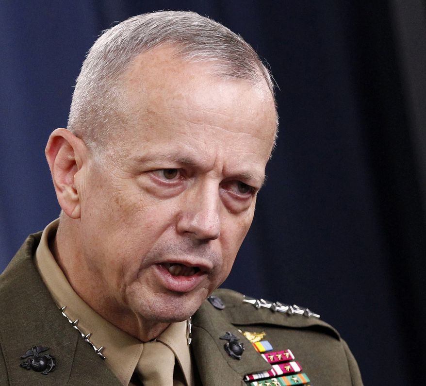 **FILE** Marine Gen. John R. Allen speaks at the Pentagon on May 23, 2012. (Associated Press)