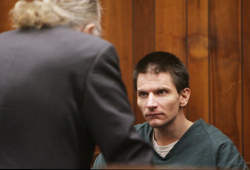 Rickie Lee Fowler sits in a San Bernardino, Calif., courtroom on Jan. 28, 2013, before being sentenced to death for murdering five men who died of heart attacks during a Southern California wildfire in 2003. Fowler, 31, was convicted in August 2012 of five counts of first-degree murder and two counts of arson. The fire scorched 91,000 acres in October 2003 and destroyed 1,000 buildings while burning for nine days in the foothills above San Bernardino. (Associated Press/The Press-Enterprise, Stan Lim)