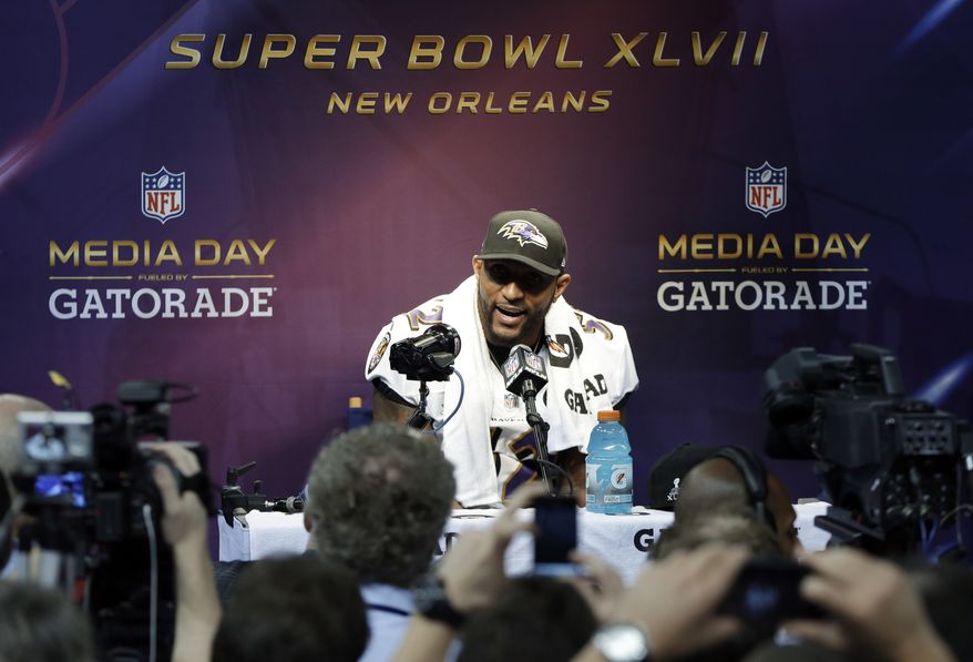 Baltimore Ravens linebacker Ray Lewis speaks during media day for the NFL Super Bowl XLVII football game Tuesday, Jan. 29, 2013, in New Orleans. (AP Photo/Mark Humphrey)