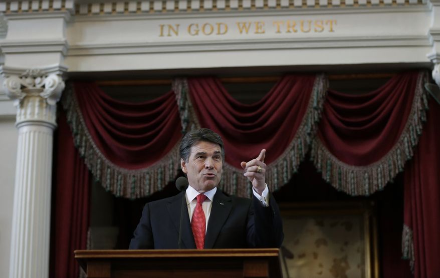 Texas Gov. Rick Perry delivers the state of the state address in the house chambers at the state capitol in Austin, Texas, on Jan. 29, 2013. (Associated Press)