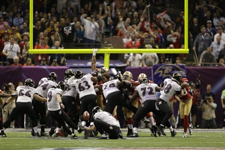 Baltimore Ravens kicker Justin Tucker (9) kicks a 38-yard field goal during the second half of the NFL Super Bowl XLVII football game against the San Francisco 49ers Sunday, Feb. 3, 2013, in New Orleans. (AP Photo/Mark Humphrey)
