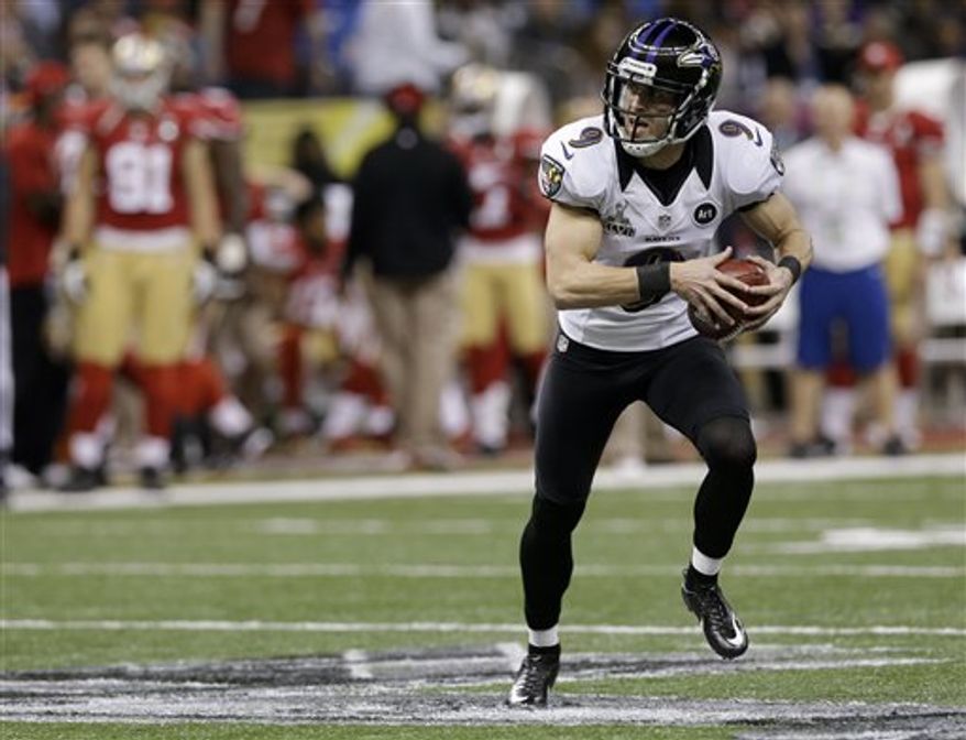 Baltimore Ravens kicker Justin Tucker fakes a field goal against the San Francisco 49ers during the first half of the NFL Super Bowl XLVII football game Sunday, Feb. 3, 2013, in New Orleans. (AP Photo/Patrick Semansky)
