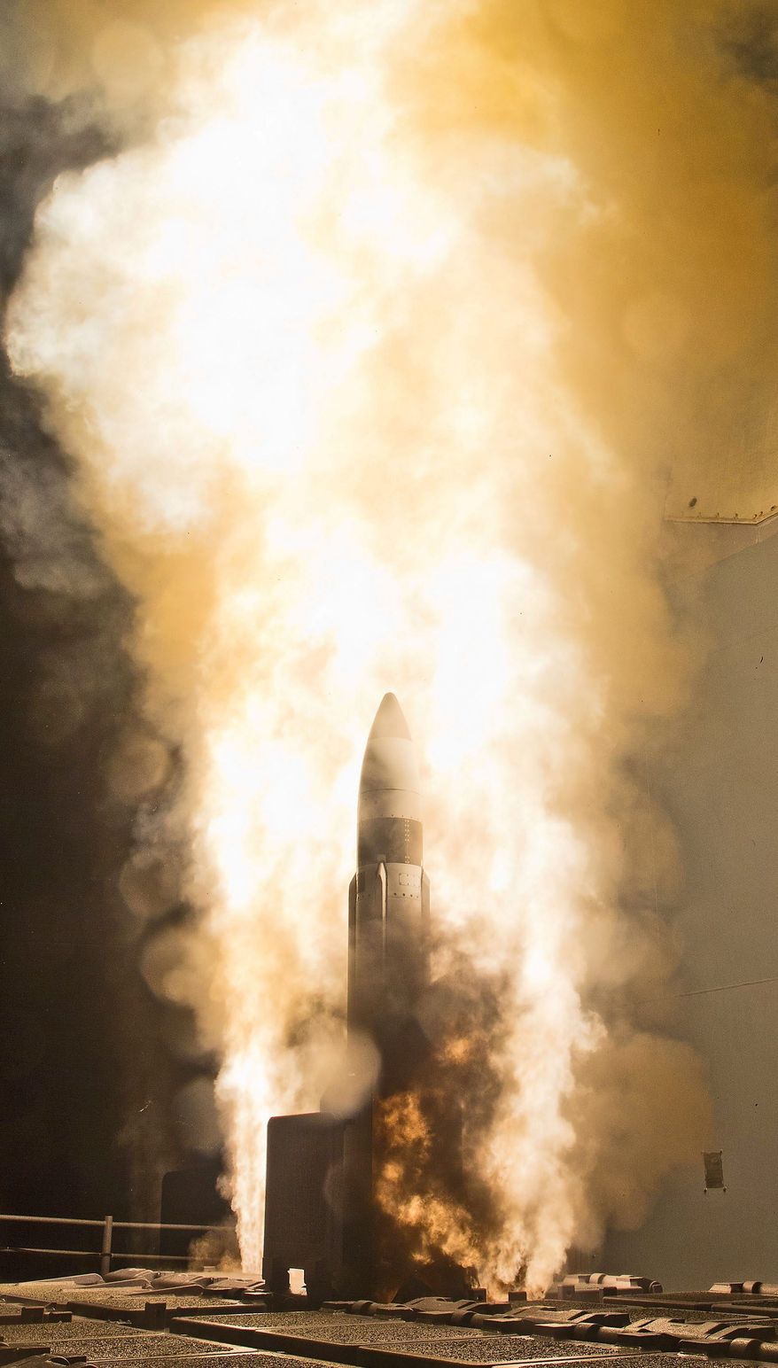 A Standard Missile-3 interceptor, like this one launched from a Navy Aegis cruiser, hit a medium-range target missile over the Pacific on Tuesday. (U.S. Navy photograph)