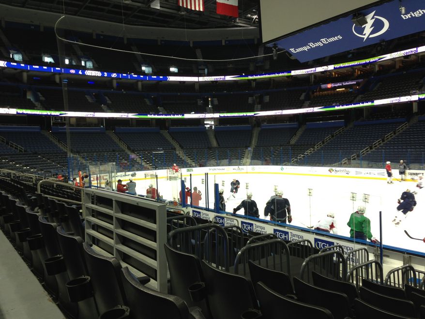 A day after erasing a two-goal deficit to beat the Panthers, the Capitals practiced at Tampa Bay Times Forum in preparation for Thursday night's game against the Lightning. (Stephen Whyno / The Washington Times)