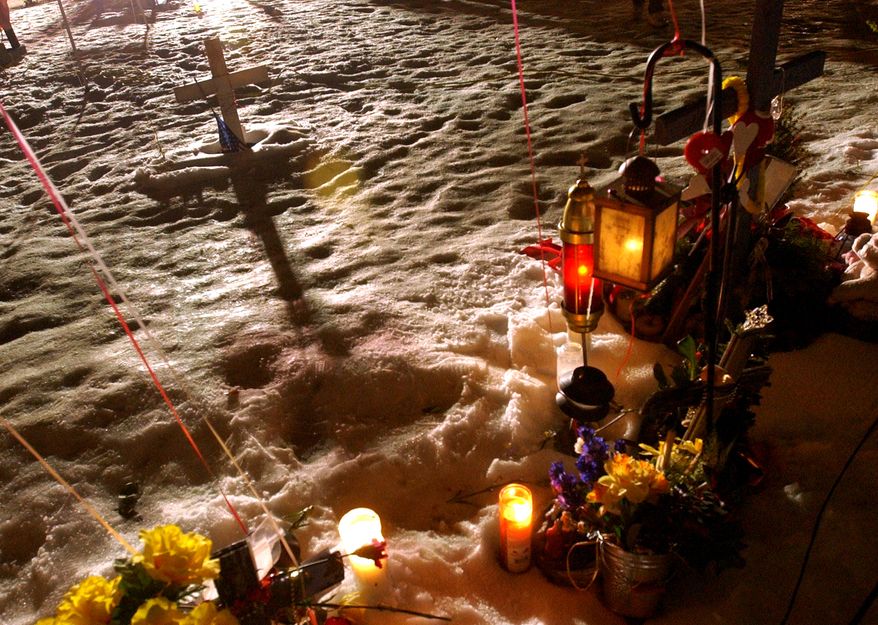 ** FILE ** A makeshift memorial at the site of the former Station nightclub marks the one-year anniversary of a fire that killed 100 people at the club in West Warwick, R.I. (AP Photo/Gretchen Ertl, Pool)