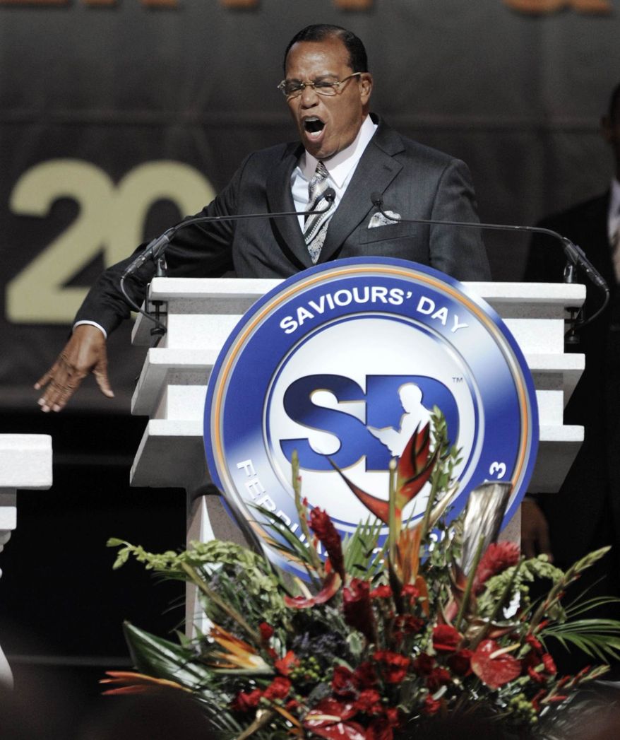 ** FILE ** Minister Louis Farrakhan speaks during the Saviours' Day annual convention at the U.I.C. Pavilion in Chicago, Sunday, Feb. 24, 2013. (AP Photo/Paul Beaty)